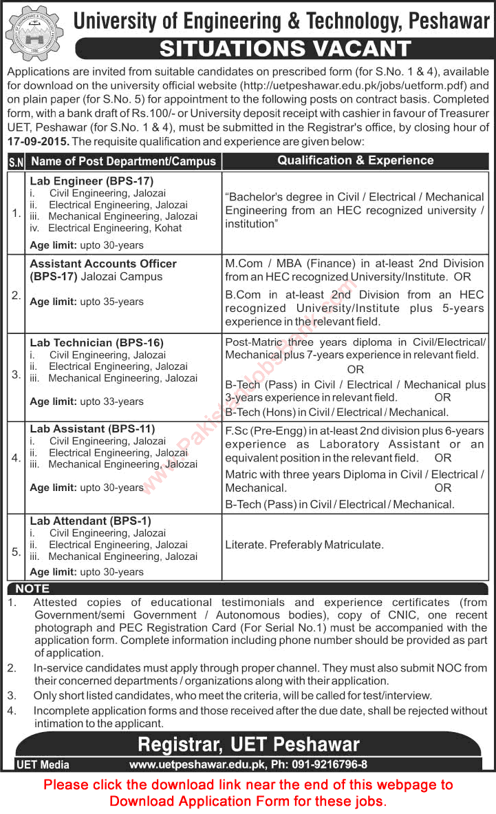 UET Peshawar Jobs 2015 September Application Form Lab Engineers